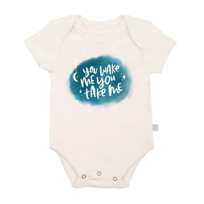 Organic Bodysuit, Wake Me: white short sleeve body suit with snap closure & "You Wake Me You Take Me" on blue; made of 100% organic cotton.