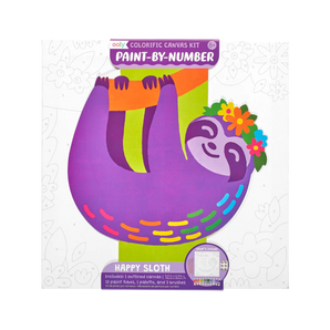 OOLYs Paint by Number, Happy Sloth: A colorful sloth with flowers and branch, includes paint brushes.
