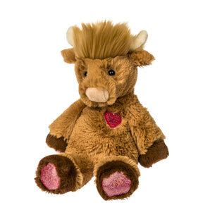 Plush, Honey Highland Cow Junior: fluffy brown cow stuffed animal with red heart on chest, dark brown hands & feet, and pink details on feet.
