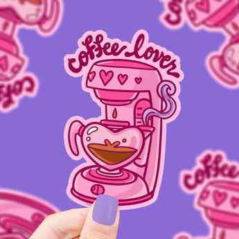 Turtle Soups Vinyl Sticker, Coffee Lover: Pink coffee maker & heart design on purple. Waterproof!.