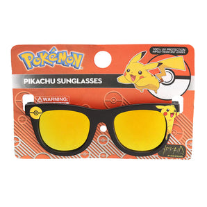 Sunstaches Arkaid Pikachu Black sunglasses: UV400, yellow lenses, Pokémon logo on orange.