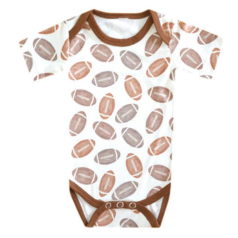 Copper Pearl Bodysuit Blitz with ultra-soft material, brown trim, and a charming football pattern on white.