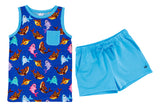 The Bruce Tank Set by Birdie Bean offers a stylish blue fish-pattern sleeveless top and shorts duo, ideal for summer wear.