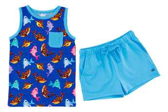 The Bruce Tank Set by Birdie Bean offers a stylish blue fish-pattern sleeveless top and shorts duo, ideal for summer wear.