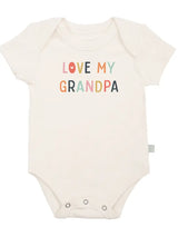 Finn and Emmas Organic Bodysuit features LOVE MY GRANDPA in eco-friendly dyes on beige organic cotton.