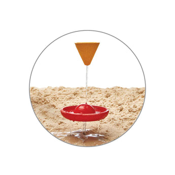 The PlanToys Creative Sand Play enhances motor skills with a yellow funnel and red wheel to show flowing water and spinning action.