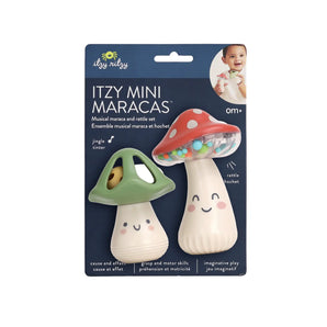 Itzy Ritzys Itzy Mini Maracas, with a mushroom shape and colorful beads, aid in babies rhythm development and motor skills.