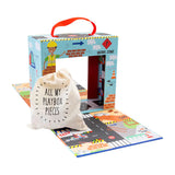 Floss and Rocks Play Box with Wooden Pieces: Construction theme comes with a road mat and bag labeled All My Playbox Pieces.