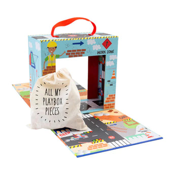 Floss and Rocks Play Box with Wooden Pieces: Construction theme comes with a road mat and bag labeled All My Playbox Pieces.
