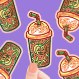 Turtle Soups Vinyl Sticker: Pumpkin Spice Latte on purple, featuring autumn designs with whipped cream and a straw. Durable and stylish!.