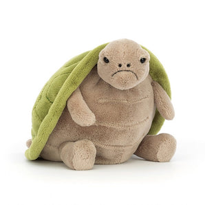 Meet Jellycats Timmy Turtle: a plush tortoise with a soft beige body and green shell, perfect for cuddles against white.