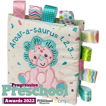 Soft Book, Aroarasaurus by Mary Meyer is a dinosaur-themed baby book with colorful Taggies ribbons, perfect for bedtime stories.