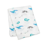 Lulujo Inc. Bamboo Swaddle: White blanket with blue and gray whale illustrations.