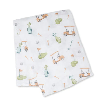 Lulujo Inc.s Cotton Swaddle, Golf: A premium muslin blanket with golf-themed illustrations in orange and green, ideal for baby swaddling.