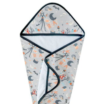 Copper Pearls Hooded Towel features a Halloween theme with ghosts, pumpkins, bats, and Trick or Treat on gray.