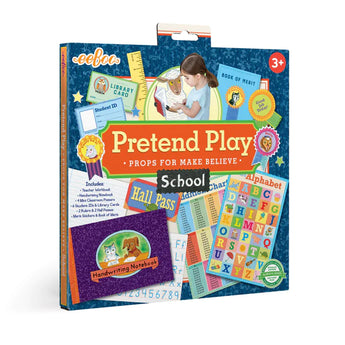 Eeboos Pretend Play, School for ages 3+ includes stickers, cards, notebook & posters for imaginative adventures.