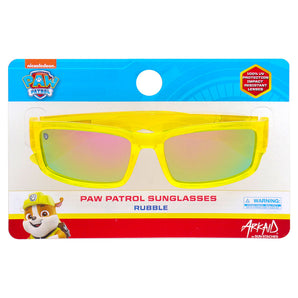 Yellow Arkaid Sunglasses by Sunstaches for kids, featuring Rubble. Impact-resistant lenses with UV protection included.