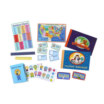 Eeboos Pretend Play, School: Notebooks, map, chart, posters, ruler & cartoon animal stickers for imaginative adventure.