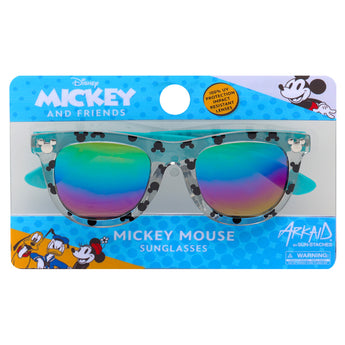 Arkaid Sunglasses by Sunstaches feature Mickey Mouse on a blue packaging and offer 100% UV400 protection.