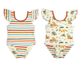 Two Emerson and Friends reversible swimsuits: one with colorful stripes, the other in a vibrant Beach Day print with crabs and umbrellas.