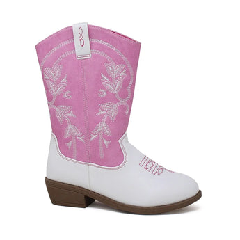 Krazy Kicks Cowboy Boots in pink/white feature floral embroidery and a low brown heel, fleece-lined for comfort.