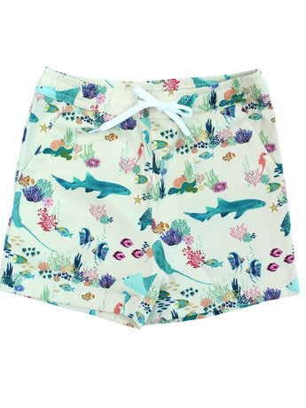Emerson and Friends Swim Trunks, Coral Reef—vibrant print, white drawstring waist, and built-in UV protection.