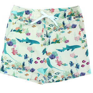 Swim Trunks, Coral Reef by Emerson and Friends with ocean print, white drawstring & UV protection—perfect for fun at the beach.