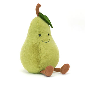 Jellycats Amuseables Pear is a charming kitchen mascot with a smiley face and leaf-topped head.