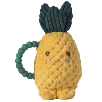 Mary Meyers Rattle, Sweetie Pineapple is a plush toy with a smile, textured yellow body, green leaves, and teal handle. Machine washable.