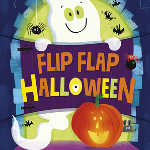 A ghost holds a Flip Flap Halloween Board Book by Random House, featuring spooky characters like a pumpkin, spider, and bat.