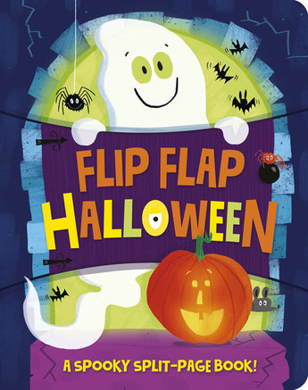 A ghost holds a Flip Flap Halloween Board Book by Random House, featuring spooky characters like a pumpkin, spider, and bat.