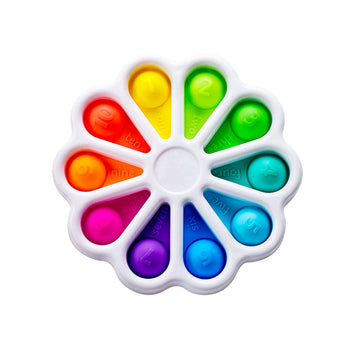 The Dimpl Digits by Fat Brain Toy Co is a circular pop-it with rainbow silicone bubbles, white edges, and numbers for learning.