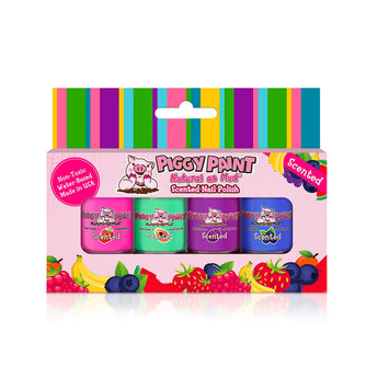 Piggy Paints Gift Set Scented Fruit Fairy: Non-toxic nail polish with pink, green, red, & purple scented bottles in a colorful package.