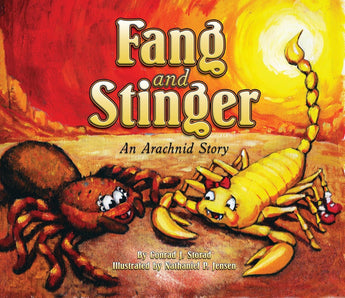 Fang & Stinger Board Book by Treasure Chest Books: features tarantulas vs. scorpions under the sun on its illustrated cover.