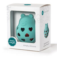 Mary Meyers Roly Rattle, Simply Silicone Teddy is a turquoise bear toy with heart cutouts, ideal for teething.