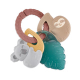 Tropical Itzy Keys: tan silicone sloth, teal silicone leaf, and gray & yellow silicone koala attached to brown silicone ring.