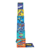 A tall stack of colorful Stack and Play, Cars blocks by Floss and Rock, featuring wooden toys with car illustrations and numbers 1 to 6.