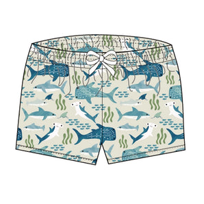Emerson and Friends Shark Friends swim trunks have a drawstring, seaweed design on light fabric, and UV protection for sunny days.