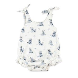 Lovedbabys Organic Ruffle Bodysuit features a cream hue, blue hippo print, tie straps, ruffles, and is made with eco-friendly dyes.