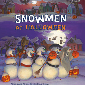 Snowmen at Halloween by Random House depicts snowmen in costumes trick-or-treating among pumpkins under a spooky sky.