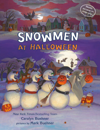 Snowmen at Halloween by Random House depicts snowmen in costumes trick-or-treating among pumpkins under a spooky sky.