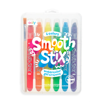 OOLYs Smooth Stix Watercolor Gel Crayons come in a travel case with six vibrant colors.