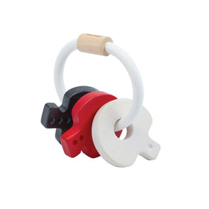High Contrast Key Rattle: white rope ring with black, red, & white ruberwood keys.