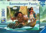 100 Piece Puzzle, Moana and Maui: Blue & green box with cartoon characters; Text "Disney Moana Ravensburger Puzzle 6+, XXL 100."