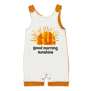Lovedbaby Organic Sleeveless Romper, Sunny Day: White w/orange trim, smiling sun, good morning sunshine text. 100% organic cotton.