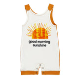 Lovedbaby Organic Sleeveless Romper, Sunny Day: White w/orange trim, smiling sun, good morning sunshine text. 100% organic cotton.