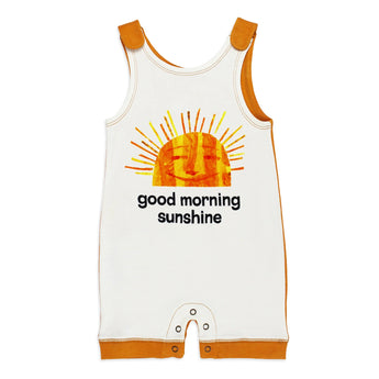 Lovedbaby Organic Sleeveless Romper, Sunny Day: White w/orange trim, smiling sun, good morning sunshine text. 100% organic cotton.