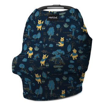 Milk Snobs Disneys Winnie the Pooh cover is multifunctional with playful blue and yellow illustrations for car seats or nursing.