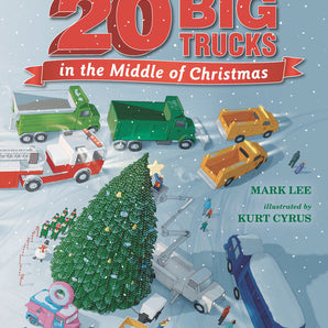 Colorful trucks gather around a Christmas tree in the snow. Title: Twenty Big Trucks in the Middle of Christmas. Brand: Random House.