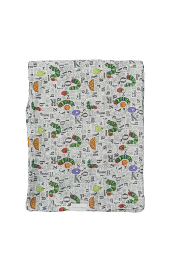A LouLou Lollipop muslin swaddle with caterpillars, letters, and fruits on white, inspired by The Very Hungry Caterpillar.